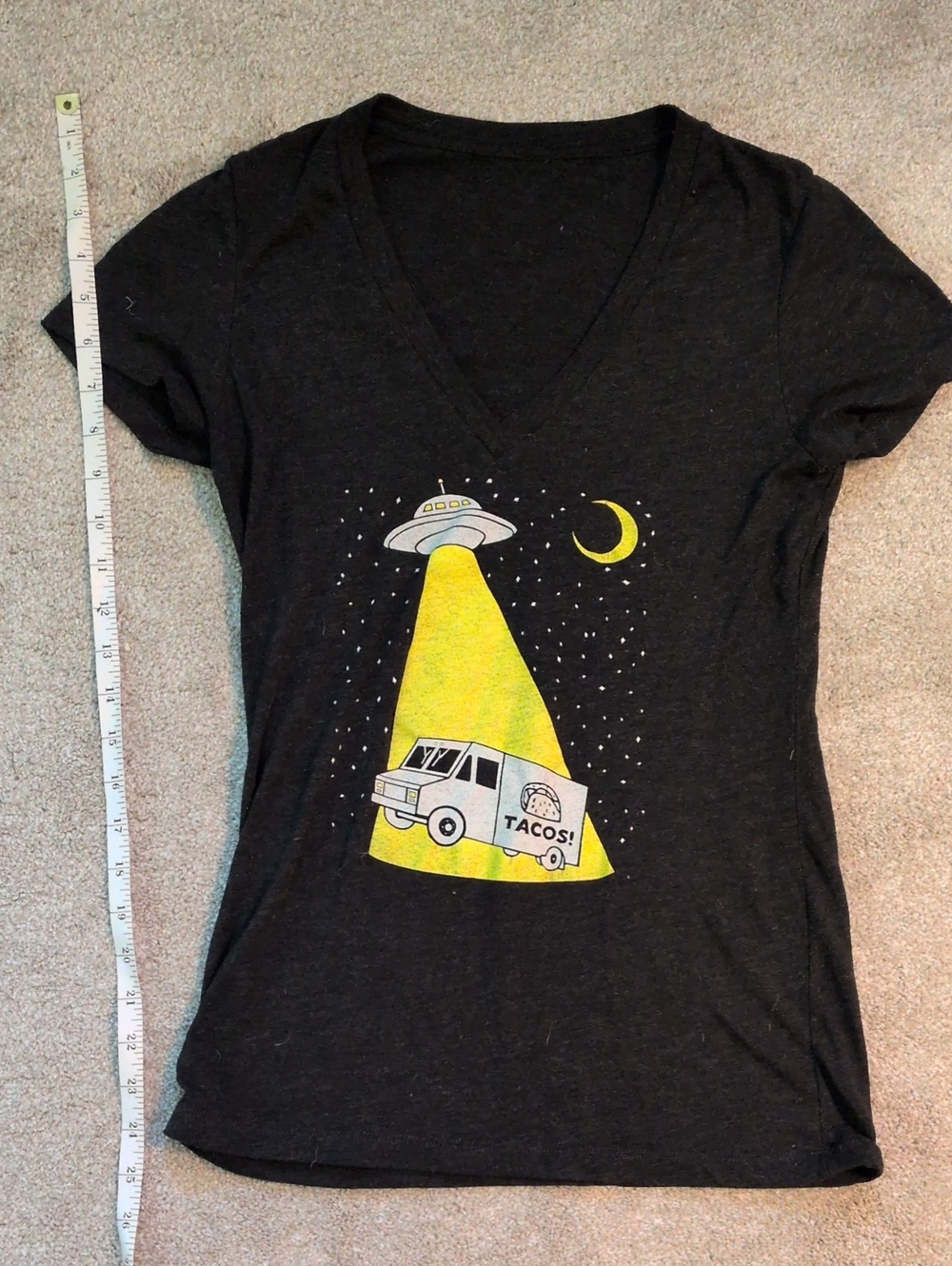 Black V-Neck Tee with Yellow UFO Taco Truck Graphic